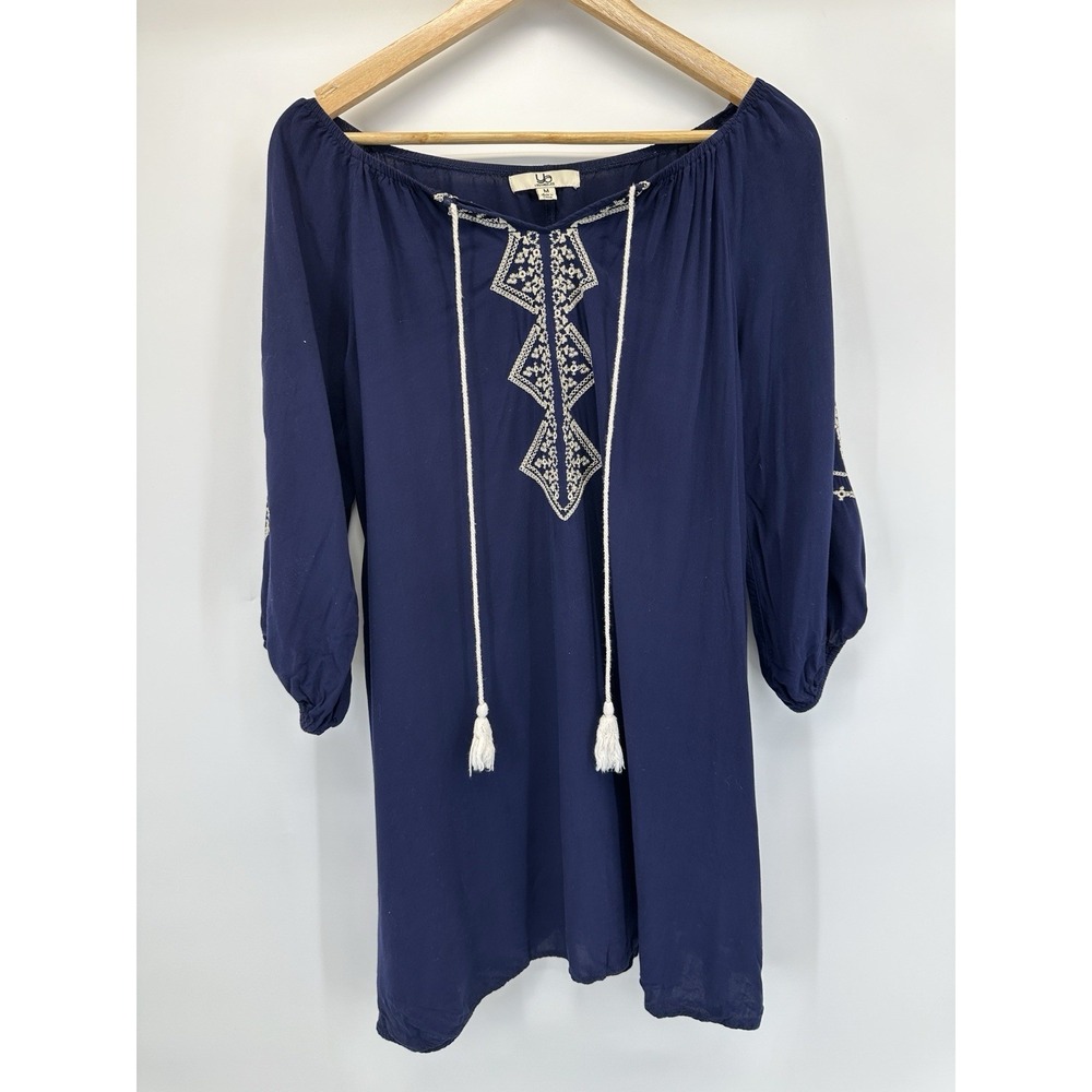 Ya Los Angeles Womens Top Size Medium Navy Blue Embroidered Tunic Shirt Blouse